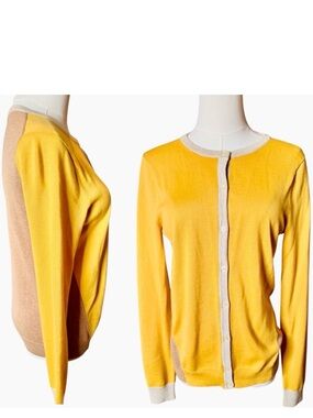 LANDS END 100% Fine Gauge Cotton Yellow & Khaki Tan Women's Cardigan Sweater NWT